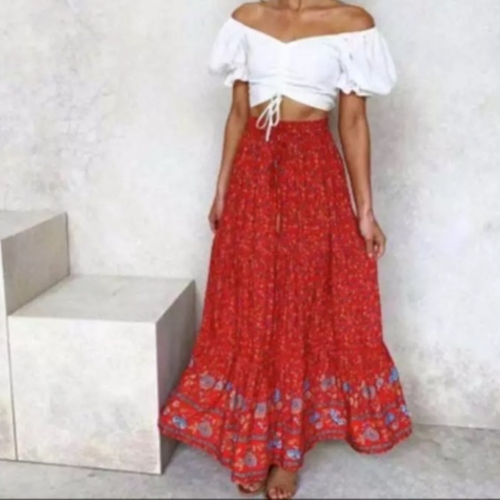 033 Boho Red Floral Print Ruffle Hem Maxi Skirt